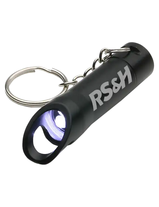 Black Pocket LED Flashlight with Bottle Opener & Keychain w/RS&H Logo