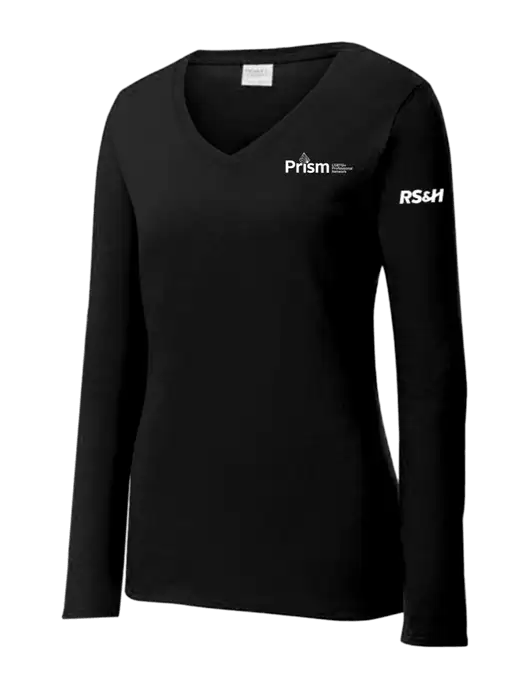 Womens V-Neck Ring Spun Jet Black 4.5 oz Long Sleeve T-Shirt w/RS&H Prism Logo, RS&H Logo