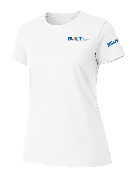 Womens Ring Spun White 4.5 oz T-Shirt w/RS&H BUILT Logo, RS&H Logo