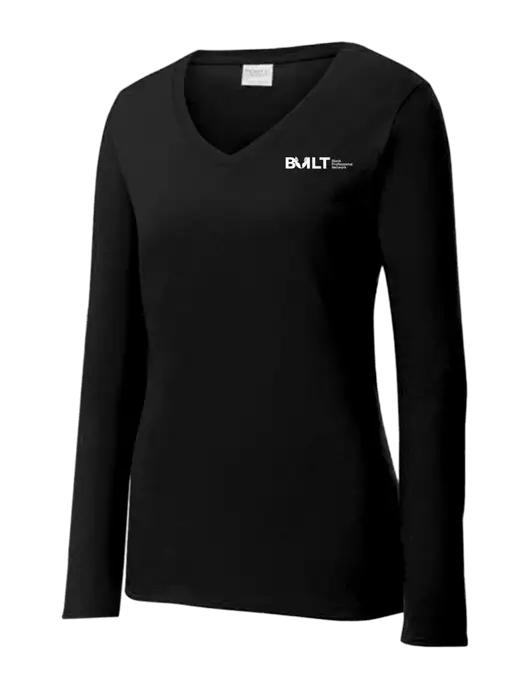 Womens V-Neck Ring Spun Jet Black 4.5 oz Long Sleeve T-Shirt w/RS&H BUILT Logo