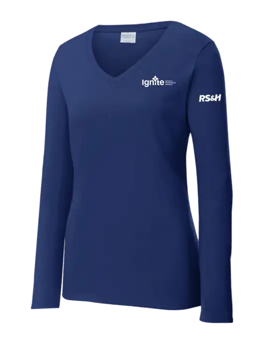 Womens  V-Neck Ring Spun Navy 4.5 oz Long Sleeve T-Shirt w/RS&H Ignite Logo, RS&H Logo