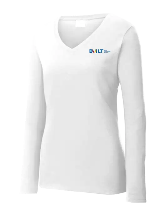 Womens  V-Neck Ring Spun White 4.5 oz Long Sleeve T-Shirt w/RS&H BUILT Logo