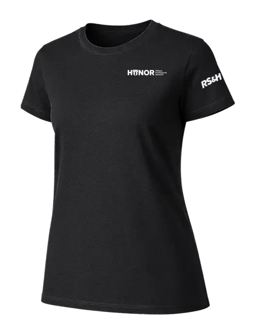 Womens Ring Spun Jet Black 4.5 oz T-Shirt w/RS&H HONOR Logo, RS&H Logo