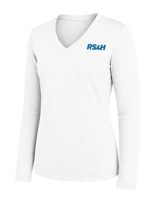 Womens White Long Sleeve PosiCharge V-Neck Competitor Tee w/RS&H Logo